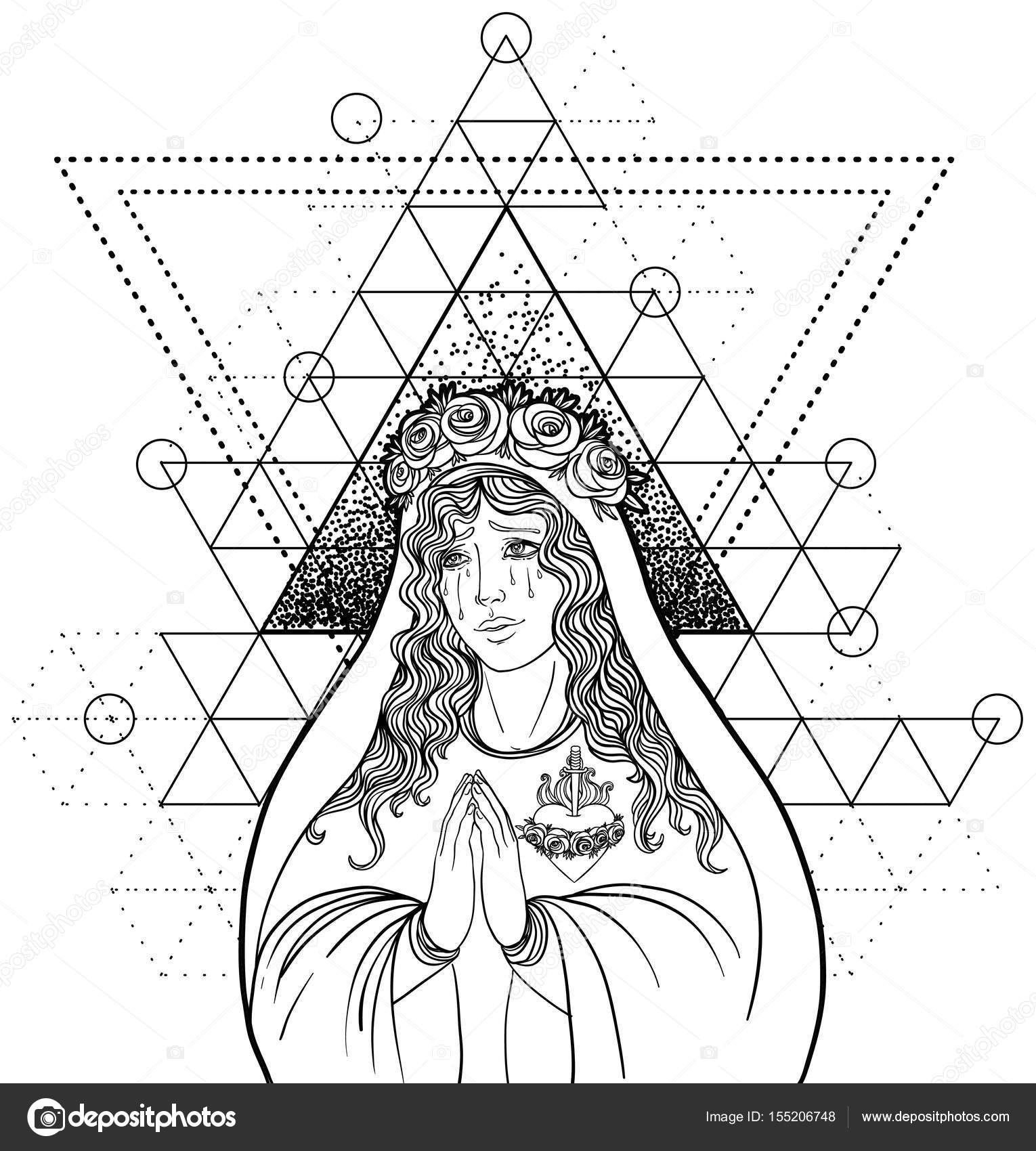 Devozione al cuore immacolato della Beata Vergine Maria Regina del cielo Illustrazione vettoriale isolato su bianco Libro da colorare per adulti