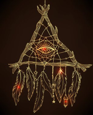 Elle çizilmiş bir üçgen şeklindeki dreamcatcher feathe ile çizim