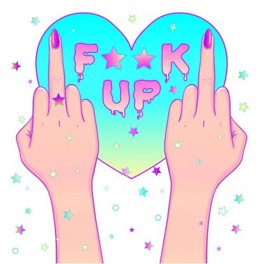El gösteren orta parmak f-word üzerinde. Feminizm kavramı.
