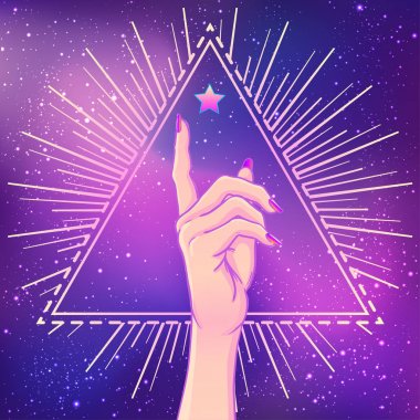 Female hand showing pointing finger over triangle with rays. Rea clipart