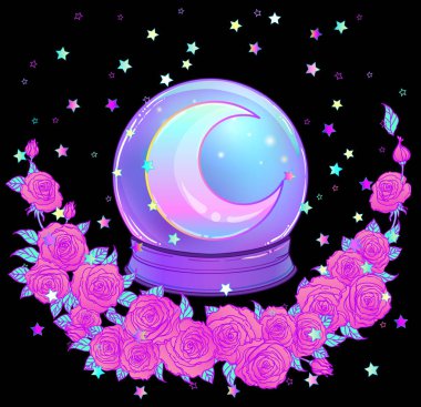 Gökkuşağı ay ve renkli yıldız izole kristal top ile 