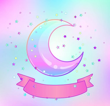 Gökkuşağı ay, pembe kurdele ve üzerinde beyaz izole renkli yıldız. 