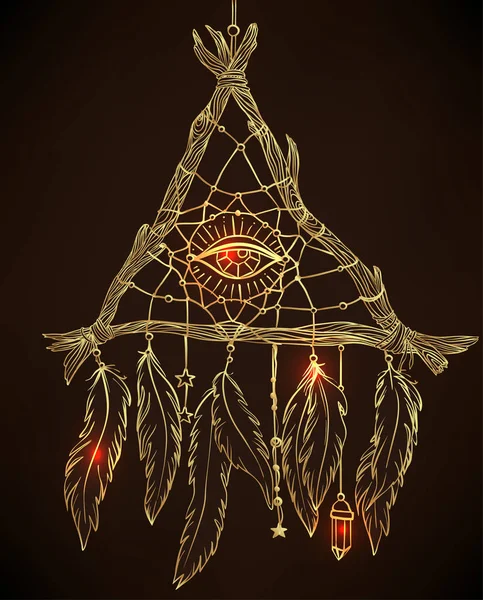 Handritad teckning av en triangel-formade drömfångare med feathe — Stock vektor