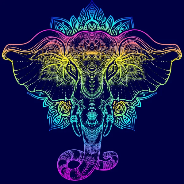 Magnifique éléphant de style tribal dessiné à la main sur le mandala. Colorfu — Image vectorielle