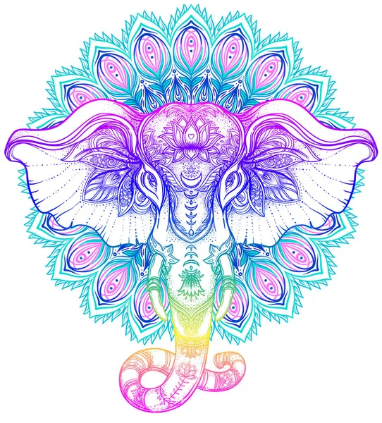 Hermoso elefante de estilo tribal dibujado a mano sobre mandala. Colorfu — Vector de stock