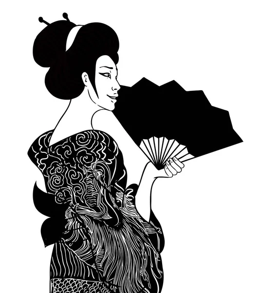 Fan ile geleneksel Japon kadınları portresi. Geish