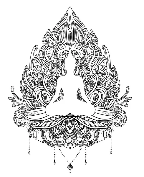 Vector ornamental flor de loto con silueta de Buda, étnico — Vector de stock