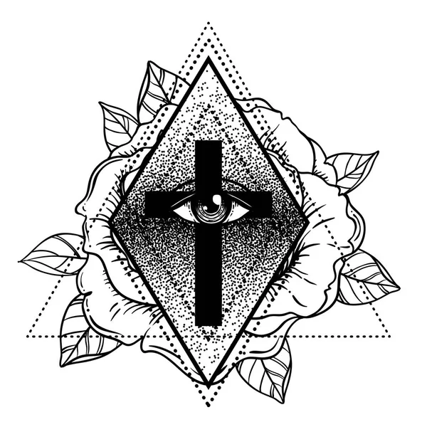 Símbolo del rosacrucianismo. Blackwork tatuaje flash . — Vector de stock