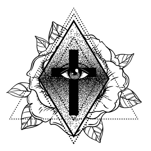 Rosicrucianism symbol. Blackwork tattoo flash.