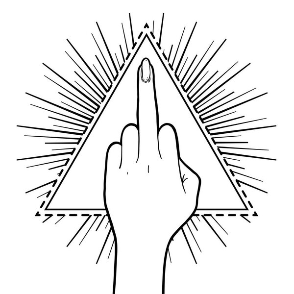 Female hand showing middle finger over triangle with rays. Femin