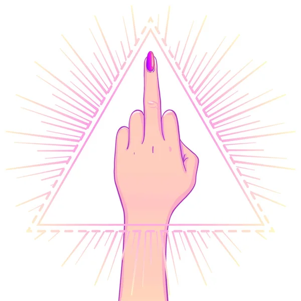 Tangan wanita menunjukkan jari tengah di atas segitiga dengan sinar. Femin - Stok Vektor