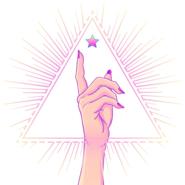 Mano femenina que muestra el dedo que apunta sobre el triángulo con rayos. Rea. — Vector de stock