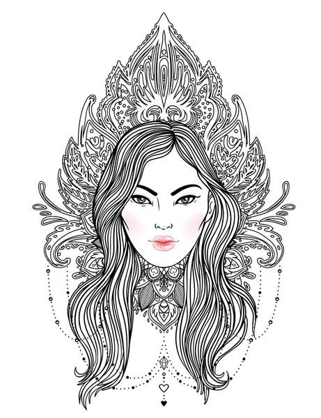 Tribal Fusion Boho Diva. Beautiful divine girl with ornate crown — Stock Vector
