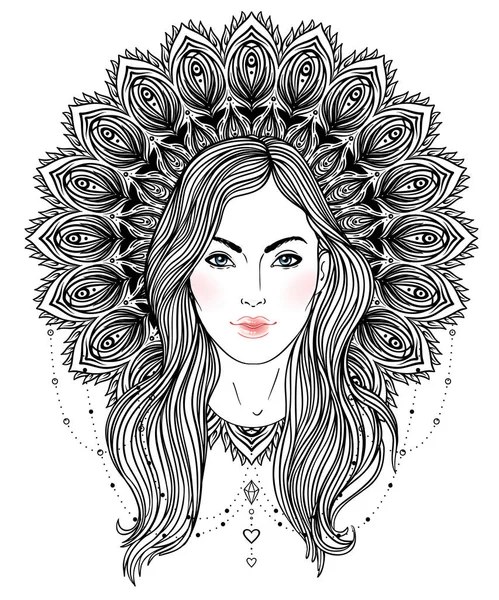 Tribal Fusion Boho Diva. Beautiful divine girl with ornate crown — Stock Vector