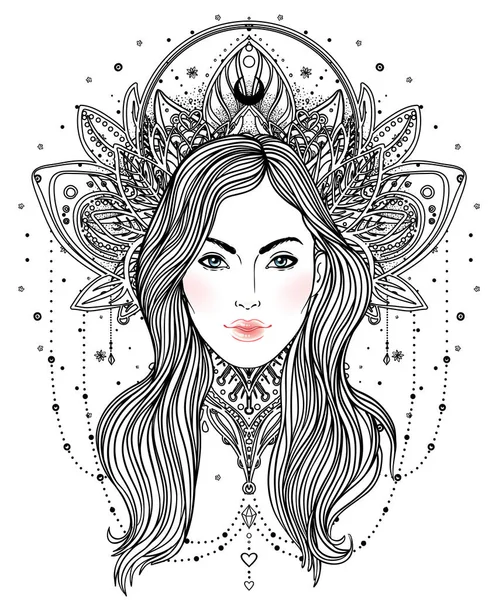 Tribal Fusion Boho Diva. Beautiful divine girl with ornate crown — Stock Vector