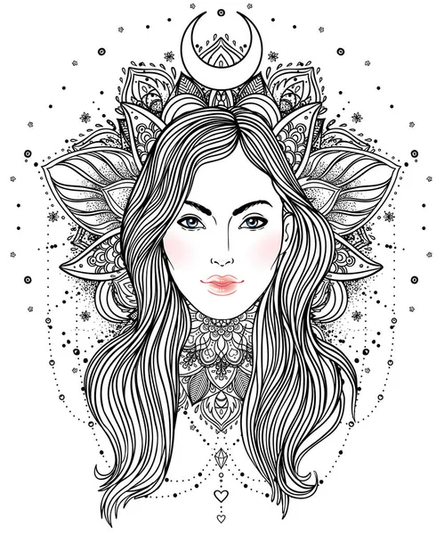 Tribal Fusion Boho Diva. Hermosa chica divina con corona adornada — Archivo Imágenes Vectoriales