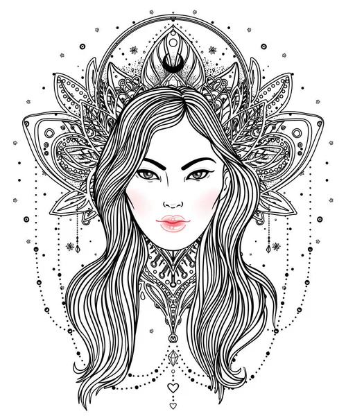 Tribal Fusion Boho Diva. Mooi goddelijke meisje met sierlijke kroon — Stockvector