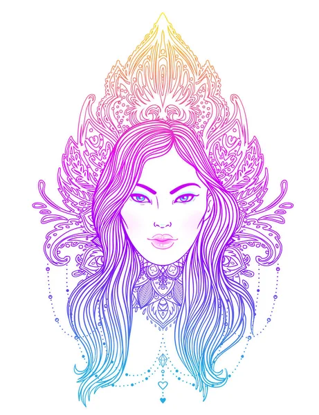 Tribal Fusion Boho Diva. Beautiful Asian divine girl with ornate — Stock Vector