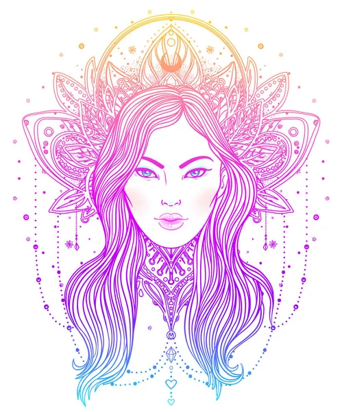 Tribal Fusion Boho Diva. Vacker asiatisk gudomliga tjej med utsmyckade — Stock vektor