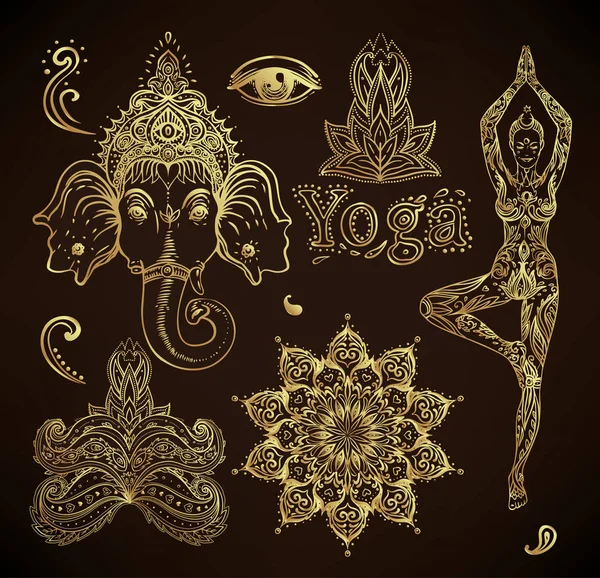 Boho chic dreamcatcher illüstrasyon ayarlayın. Hindu desenli motifler. G — Stok Vektör