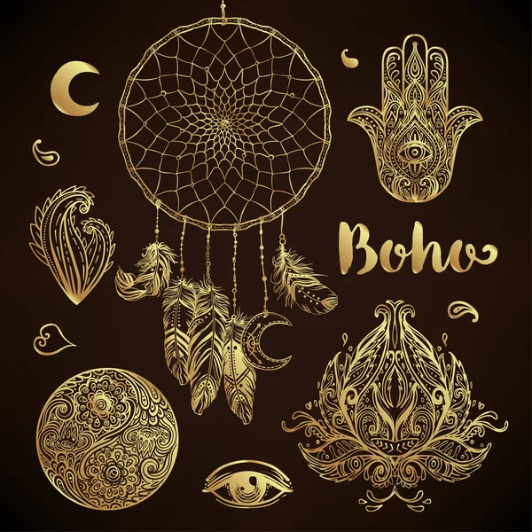 Boho chic dreamcatcher illustration set. Hinduiska paisley motiv. G — Stock vektor