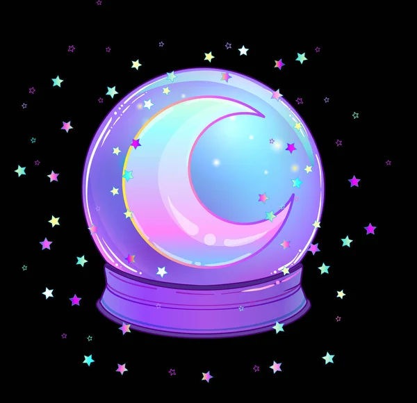 Crystal Ball cu luna curcubeu și stele colorate izolate — Vector de stoc