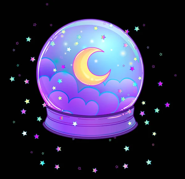 Bola de cristal con luna de arco iris y estrellas de colores aislados — Vector de stock