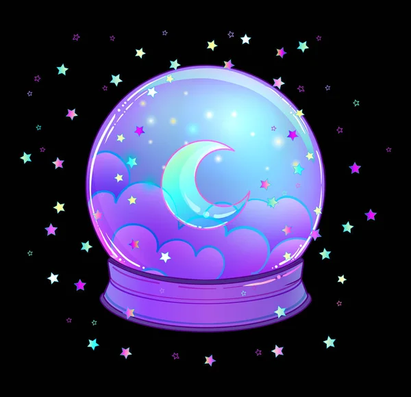 Kristallen bol met met regenboog maan en kleurrijke sterren geïsoleerd — Stockvector