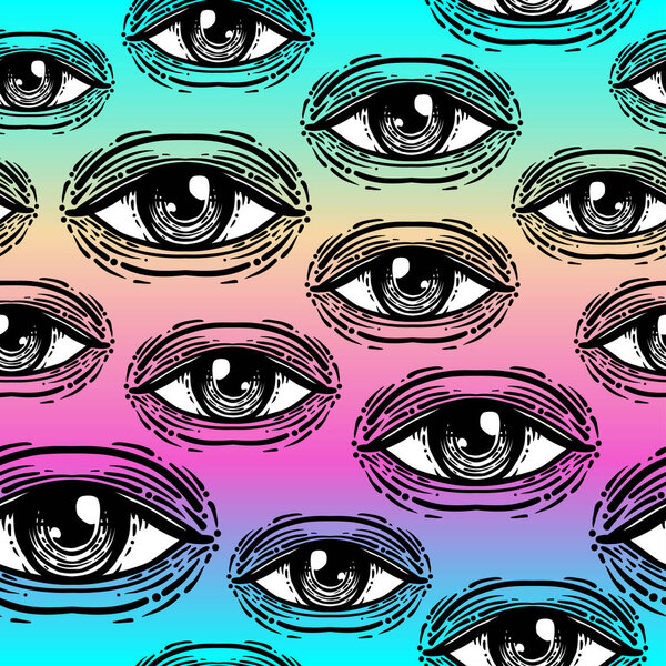 Eyes, seamless pattern in vintage psychedelic style. Ethnic back
