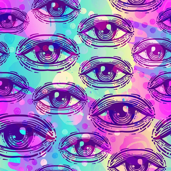 Yeux, motif sans couture dans le style psychédélique vintage. Dos ethnique — Image vectorielle