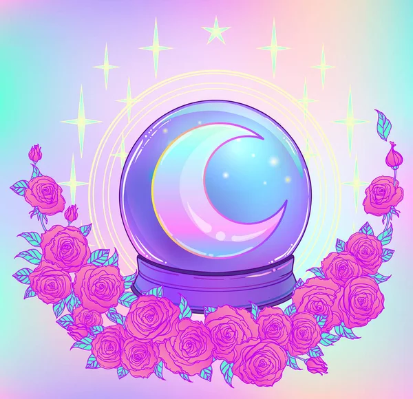 Crystal Ball with with rainbow moon and colorful stars isolated Stock Vector