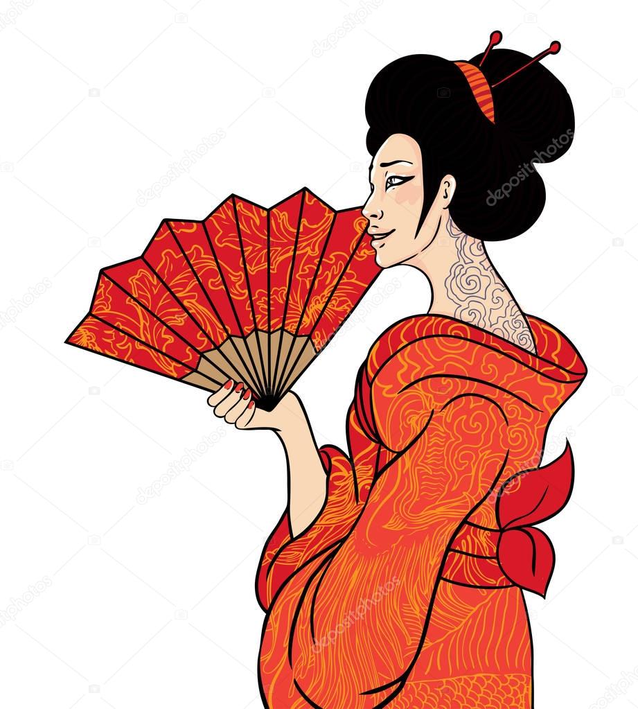 Portrait of traditional beautiful Japanese women with fan. Geish