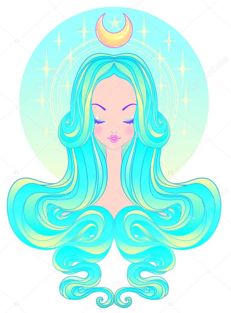 Cute teen girl with closed eyes and long hair. Mix of art nouvea