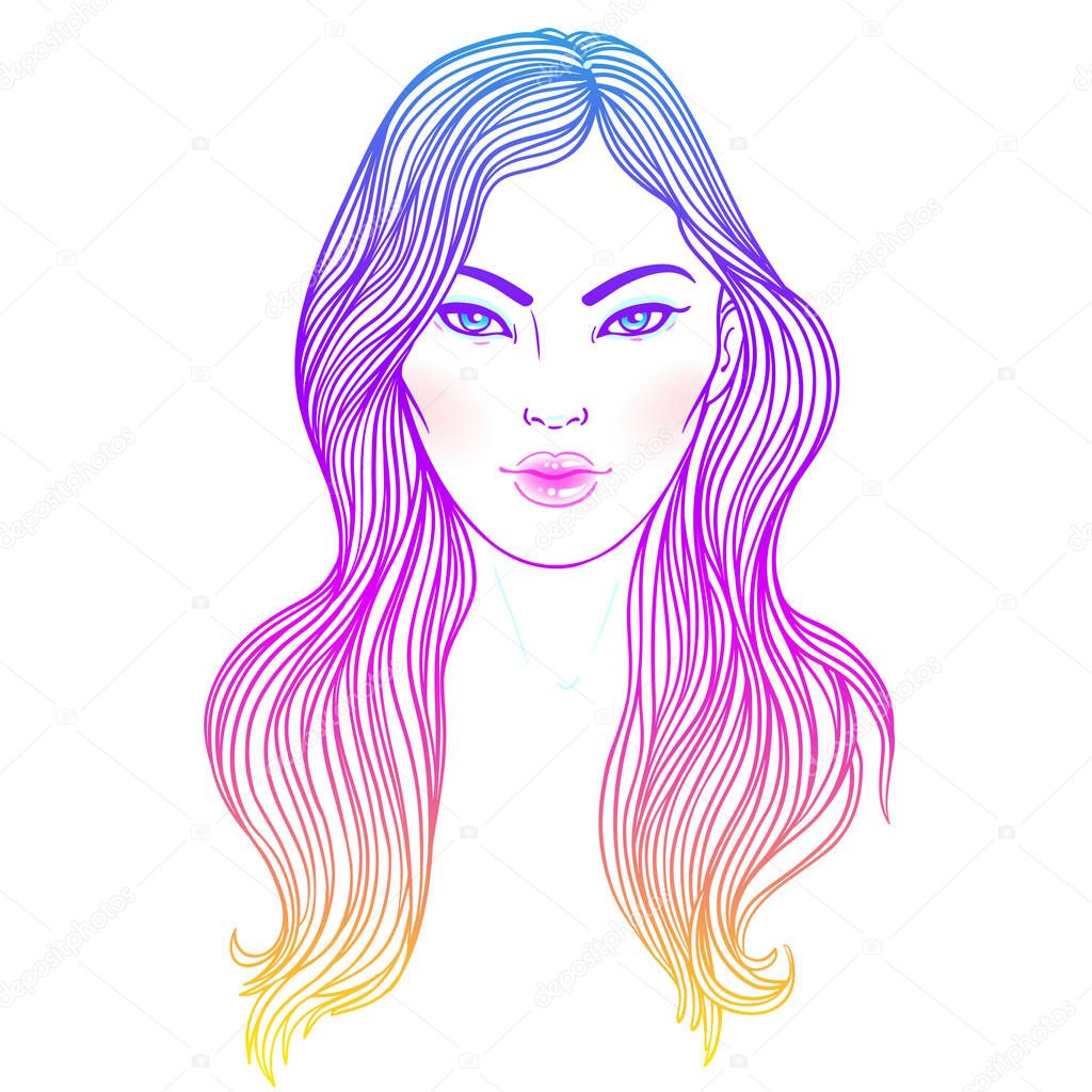 Fashion illustration. Hairstyle, dyed blue hair. Hand drawn vect