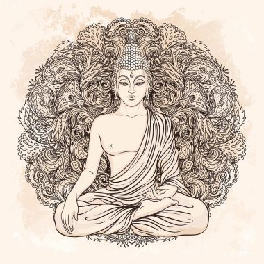Buda'nın yüzüne süslü mandala yuvarlak desen üzerinde bej vintage b