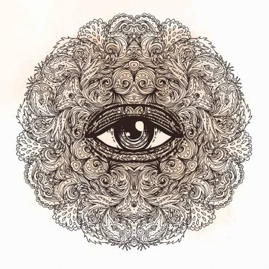 Süslü yuvarlak mandala desen tüm görünce gözlerime. Mistik, simya,