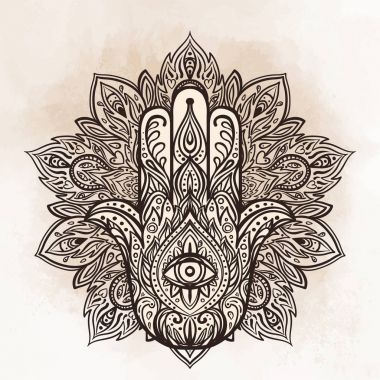 Vektör Hint elle çizilmiş hamsa yuvarlak mandala desen üzerinde. Ethni