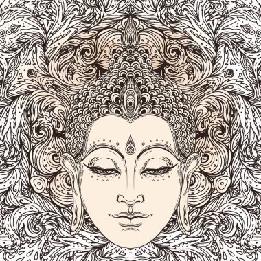 Buddha face in ornate mandala round pattern over beige vintage b clipart
