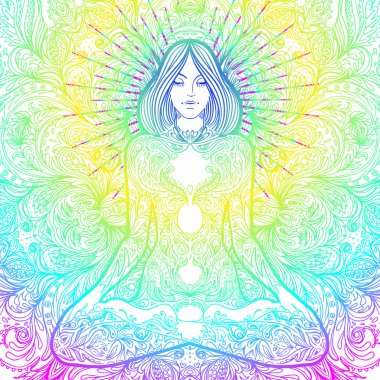 Lotus poz süslü yuvarlak mandala desen üzerinden güzel bir kız. Yog