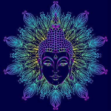 Buda'nın yüzüne süslü mandala desen yuvarlak. Ezoterik vintage 