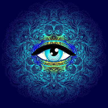 Sacred geometry symbol with all seeing eye in acid colors. Mysti clipart