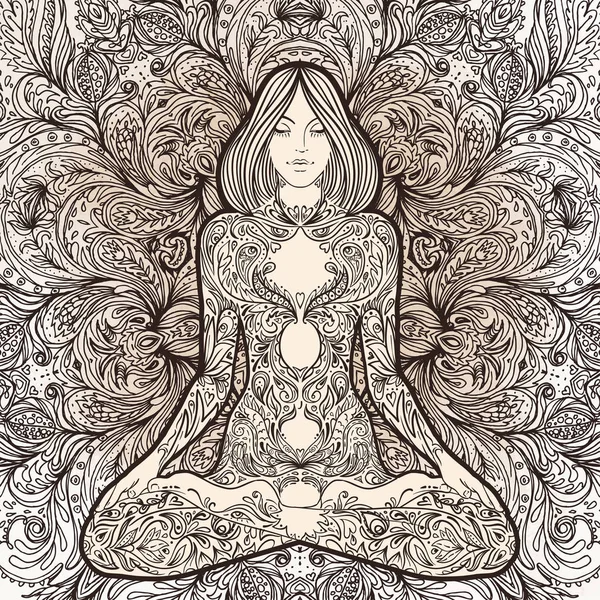 Jolie fille en pose de yoga sur motif de mandala rond orné. Yoga — Image vectorielle