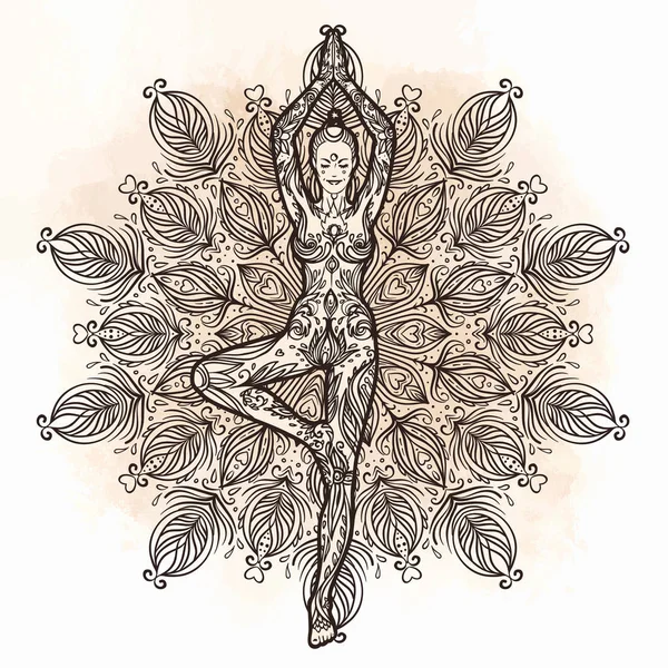 Hübsches Mädchen in Yoga-Pose über verzierten runden Mandala-Mustern. Yoga — Stockvektor