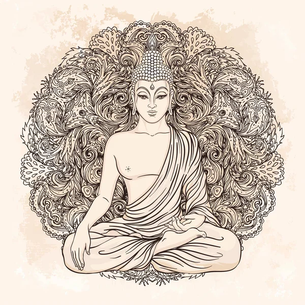Buddha ansikte i utsmyckade mandala runda mönster över beige vintage b — Stock vektor