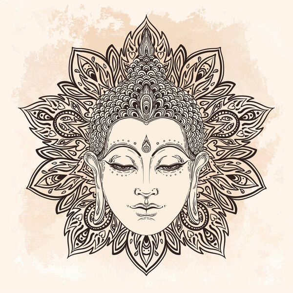 Buddha face in ornate mandala round pattern over beige vintage b