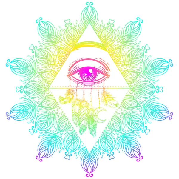 Vector ornamental Lotus flower, all-seeing eye, patterned Indian — Stock Vector