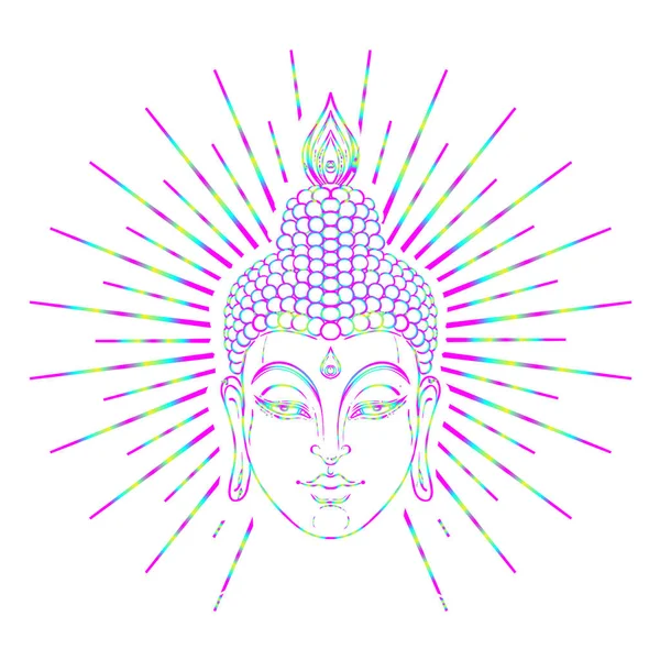 Buddha face over ornate mandala round pattern. Esoteric vintage — Stock Vector