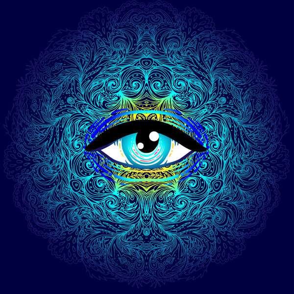 Символ сакральной геометрии со всеми видимыми глазами в кислотных цветах. Мисти
