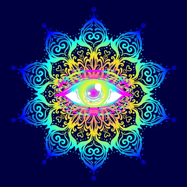 Símbolo de geometría sagrada con todos los ojos que ven en colores ácidos. Mysti. — Vector de stock