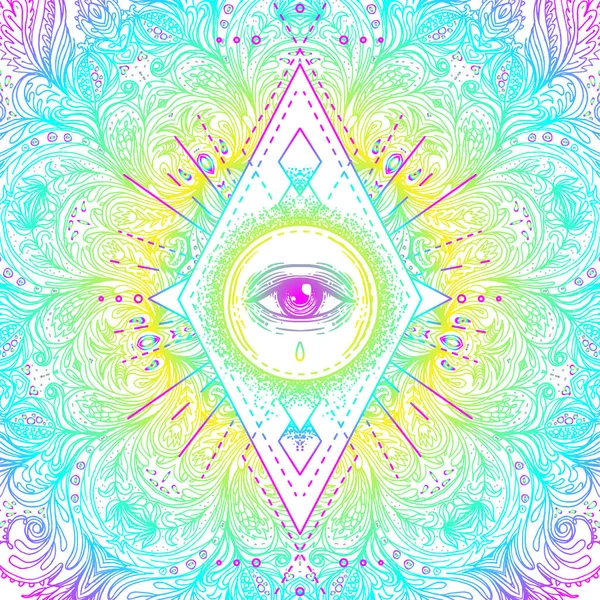 Symbole de géométrie sacrée avec tous les yeux de vue dans des couleurs acides. Mystère — Image vectorielle